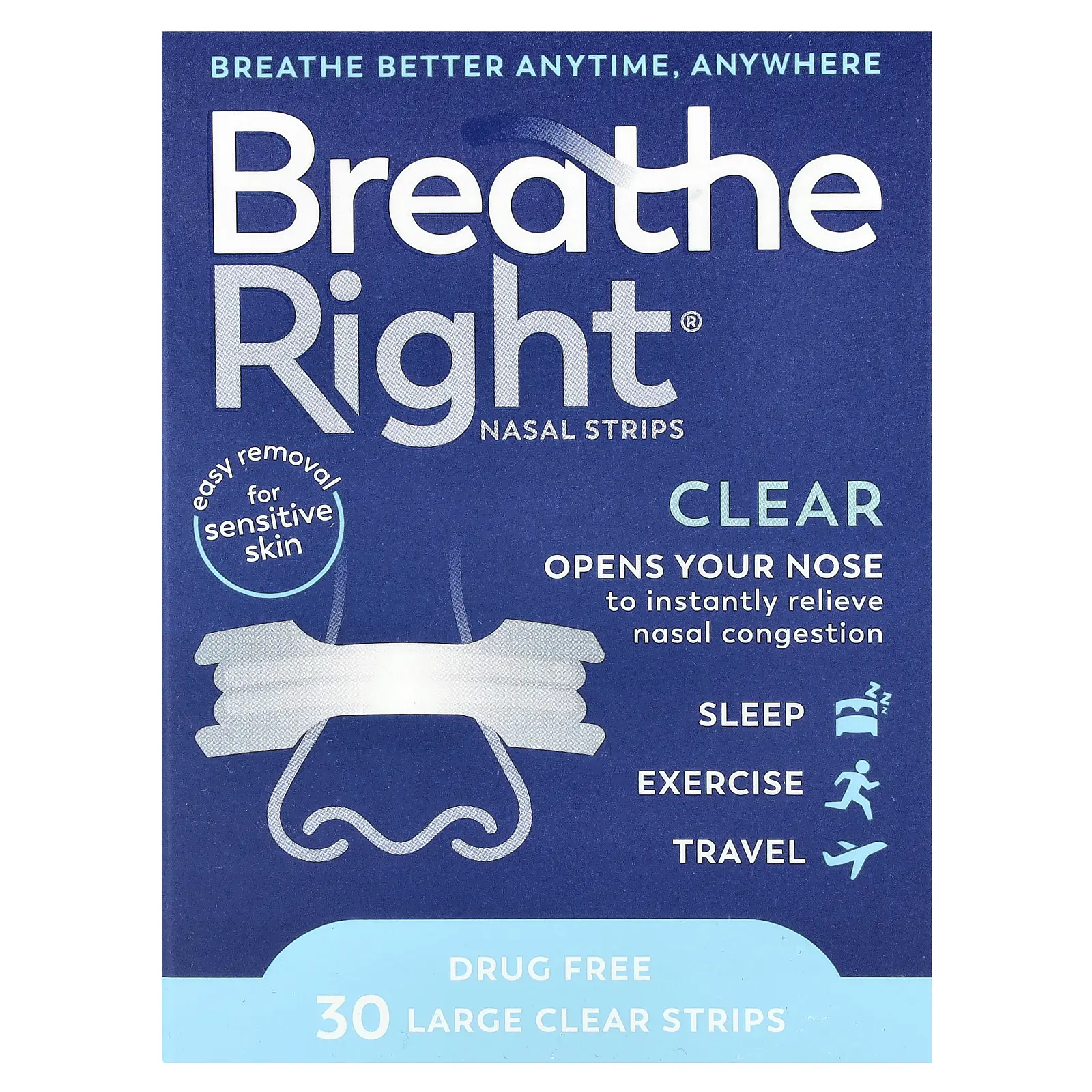 Breathe Right Nasal Strips, Large, 30 Clear Strips | HSA/FSA Eligible