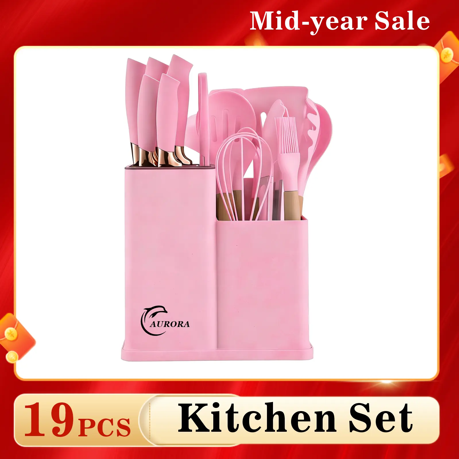 [Best  Day Gifts]XBJ 19-Piece Kitchenware Set, Heat-Resistant Silicone Cutlery with Wooden Handles, Nonstick-Compatible Ladle, Turner, Spoon, Stylish Blush White-Pink, Ideal International Women's Day Gift for Her Cooking Pan Set