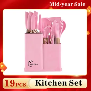 [Best  Day Gifts]XBJ 19-Piece Kitchenware Set, Heat-Resistant Silicone Cutlery with Wooden Handles, Nonstick-Compatible Ladle, Turner, Spoon, Stylish Blush White-Pink, Ideal International Women's Day Gift for Her Cooking Pan Set,summerwins
