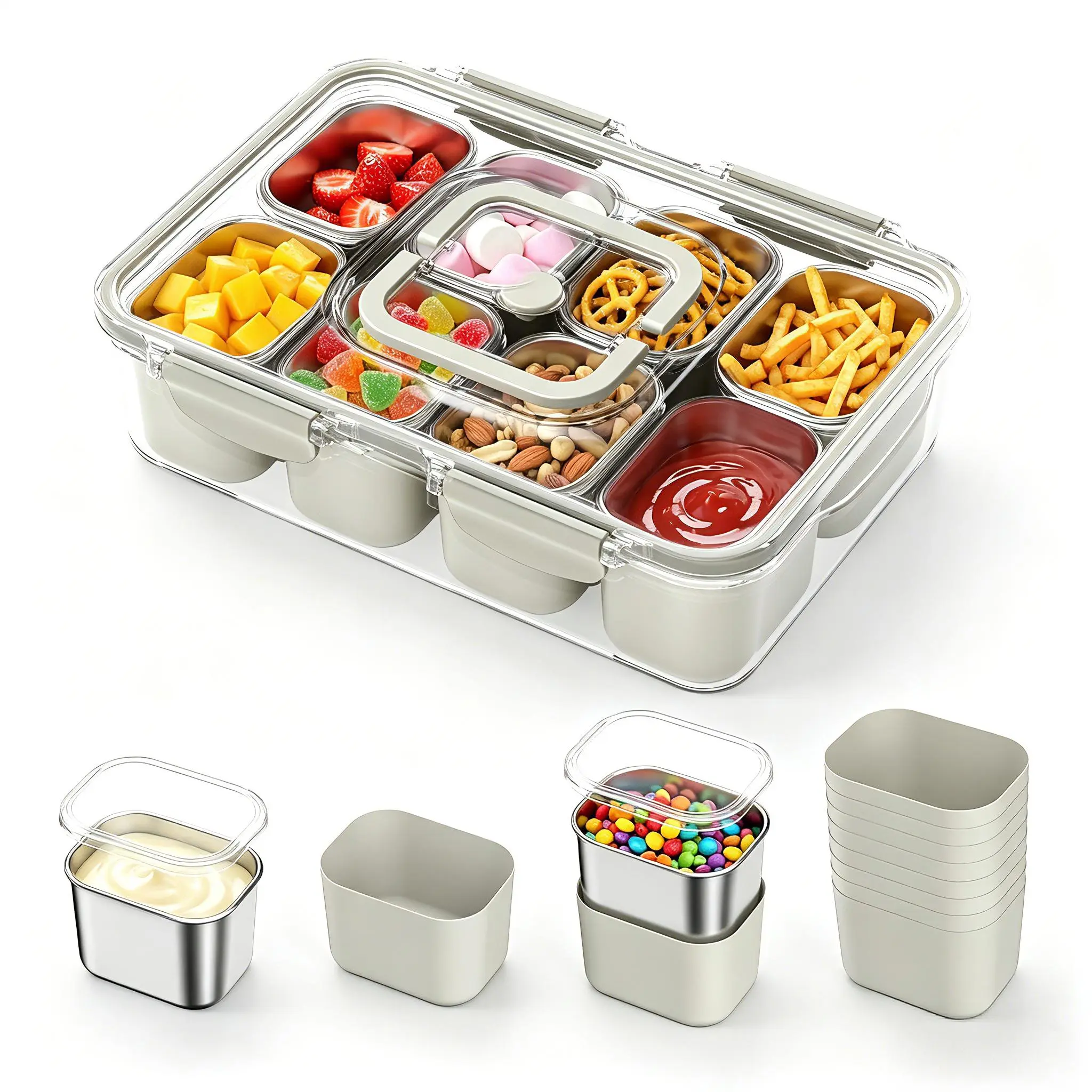 8-Piece Compartmentalized Stainless Steel Snack Containers, Sturdy Metal Kitchen Snackle Boxes with Protective Silicone Sleeve, Insulation, Leakproof Cover, Dishwasher Safe, Portable for Kids & Travel, Detachable
