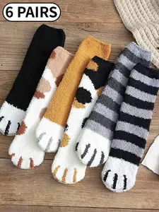 6 pairs/12 pairs of mixed-color plush mid-calf women's socks, Animal cute cat paw non-slip floor socks, comfortable socks, Daily Wear Socks, suitable for daily home/office use, Socks Set