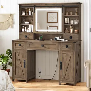 VIAGDO 47.2in Oak Brown Farmhouse Makeup Vanity Desk - Large Makeup Vanity with Lights, Sliding Mirror, Charging Station, Ample Storage - Ideal Mother's Day Gift