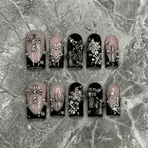 Handmade Y2K Grunge Press On Nails, Silver Cross Star Design with French Tips, Medium Square Emo Baddie Nails, Reusable Custom Fake Nails for Night Out, Birthday Party, Alternative Style Gift for Her