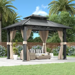 10' x 12' Double Roof Hardtop Gazebo, All-Weather Metal Pavilion with Netting and Curtains, Waterproof Outdoor Shelter for Patios, Gardens, and Decks