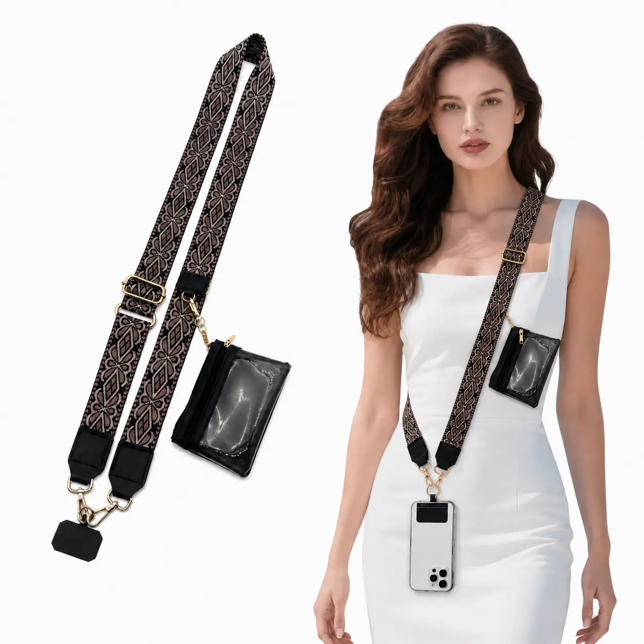 Clip & Go Phone Lanyard with Wallet Pouch, Crossbody Phone Lanyard Adjustable and Detachable Wristlet Wallet with ID Window and Zippered, Anti-Theft Hands-Free Phone Holder for Women