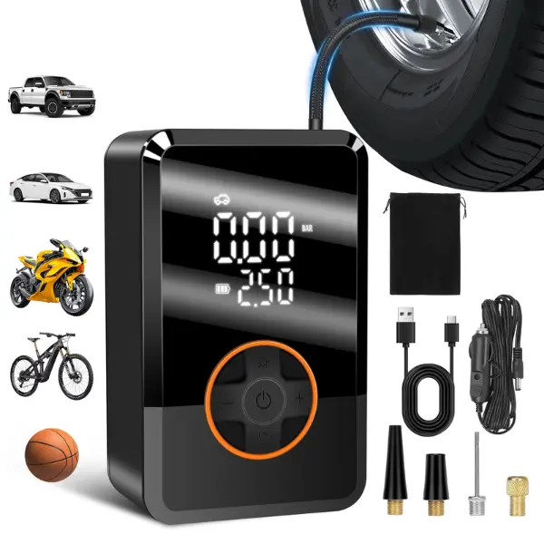 Tire Inflator Air Compressor, Cordless Electric Car Tyre Pump, Dual Values Display, 150 PSI, Portable Tire Inflator for Bike/Motocycle/Ball