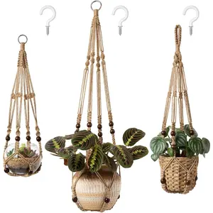 TRAIL RECKONING 3-Pack Multi-Size Jute Rope Macrame Plant Hangers - Sturdy Weave, Flexible Hold, Vintage Vibe, Beaded, No Tassels, 3 Lengths (35in/29in/23in), Brown Indoor/Outdoor Hanging Planter Basket Holders,summervibes