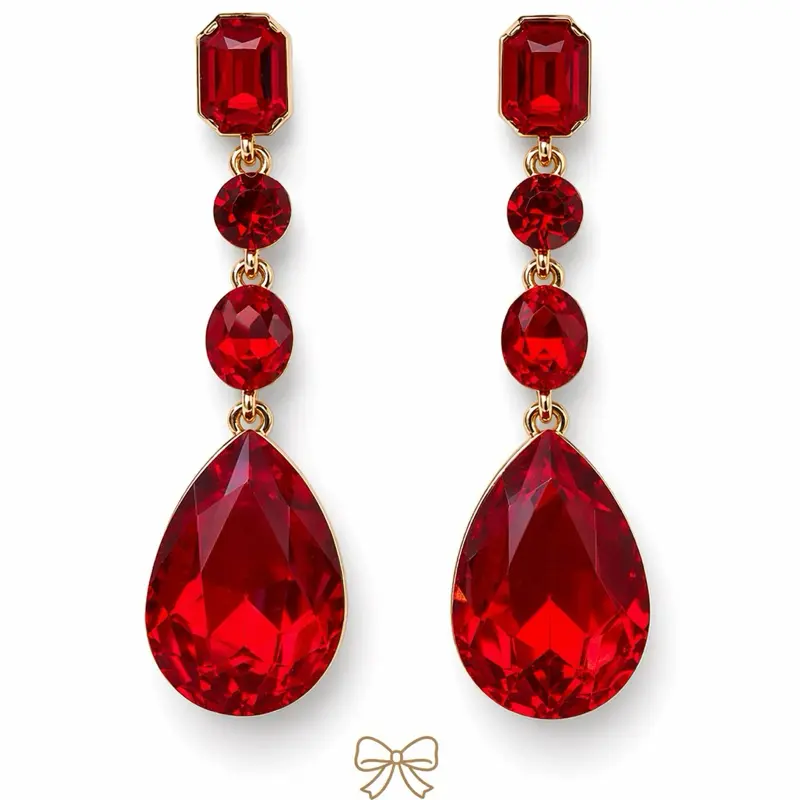 Elegant Red Teardrop Earrings with Gold Tone Settings and Multiple Red Stones for a Bold Statement Look