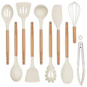 HENKELIVING Silicone Cooking Utensils Set, Kitchen Utensils Set 10 Pcs for cooking, BPA Free Spatula Set with Heat Resistant Wood Handles for Nonstick Cookware