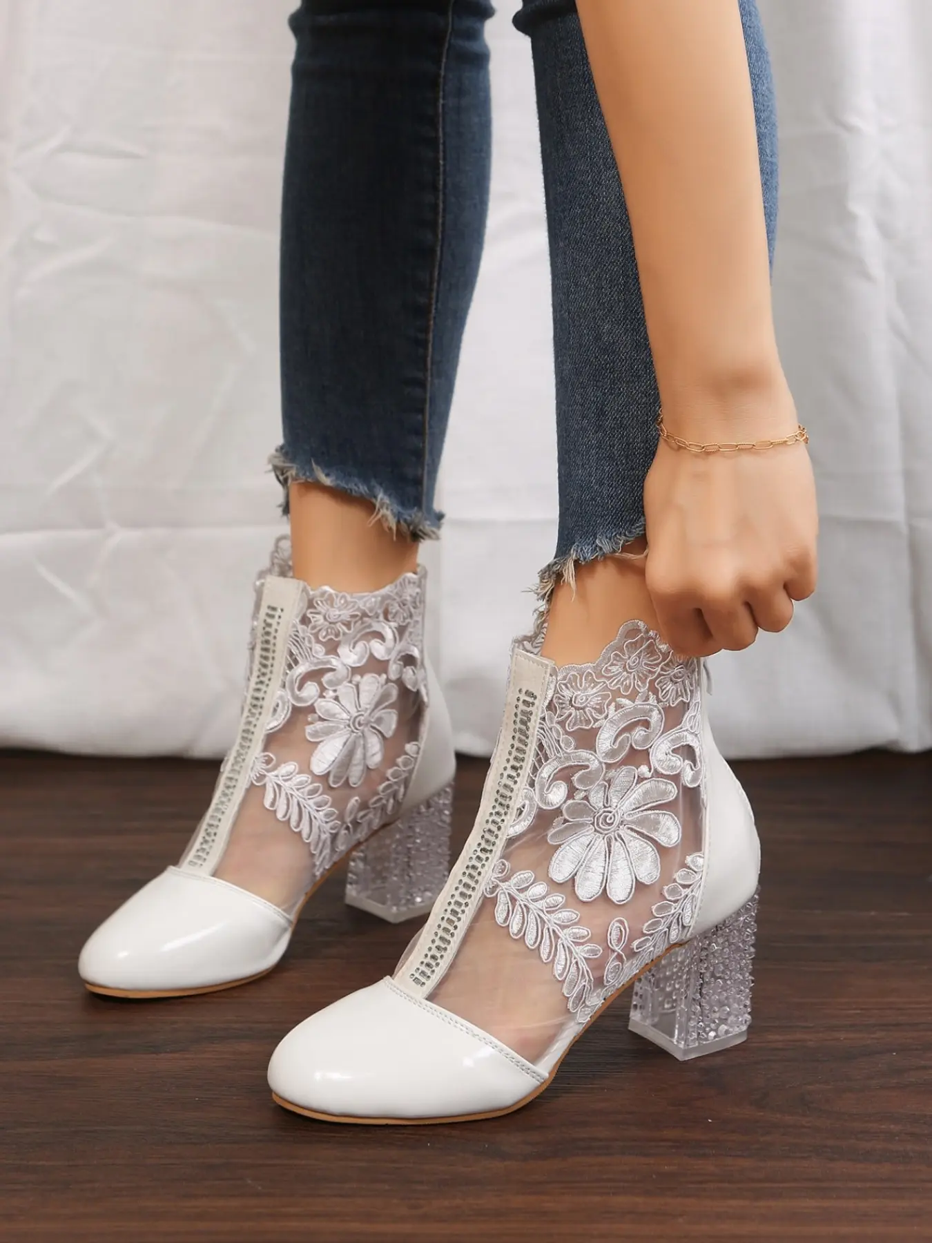 Lace Mesh Women's Crystal Heeled Summer Short Boots, Floral Embroidery Hollow Out High Heels, Comfortable Anti-Slip Rubber Party Wedding Shoes Footwear