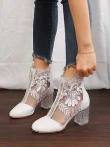 Lace Mesh Women's Crystal Heeled Summer Short Boots, Floral Embroidery Hollow Out High Heels, Comfortable Anti-Slip Rubber Party Wedding Shoes