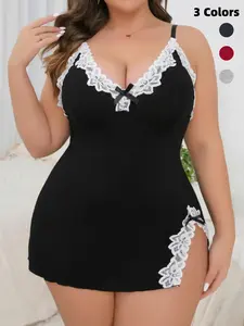 Plus Size Bow Decor Contrast Floral Lace Split Hem Cami Nightdress, Elegant Casual V Neck Sleeveless Nightgown for Summer, Women's Sleepwear for Home Wear