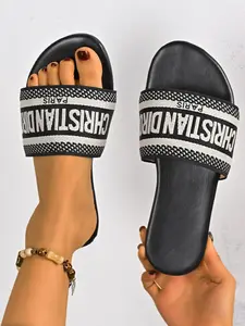 Women's New Summer Fashion Letter Design Sandals, Comfortable Indoor Outdoor Shoes, Casual Street Style, Medium Width, Textile Upper, Rubber Sole