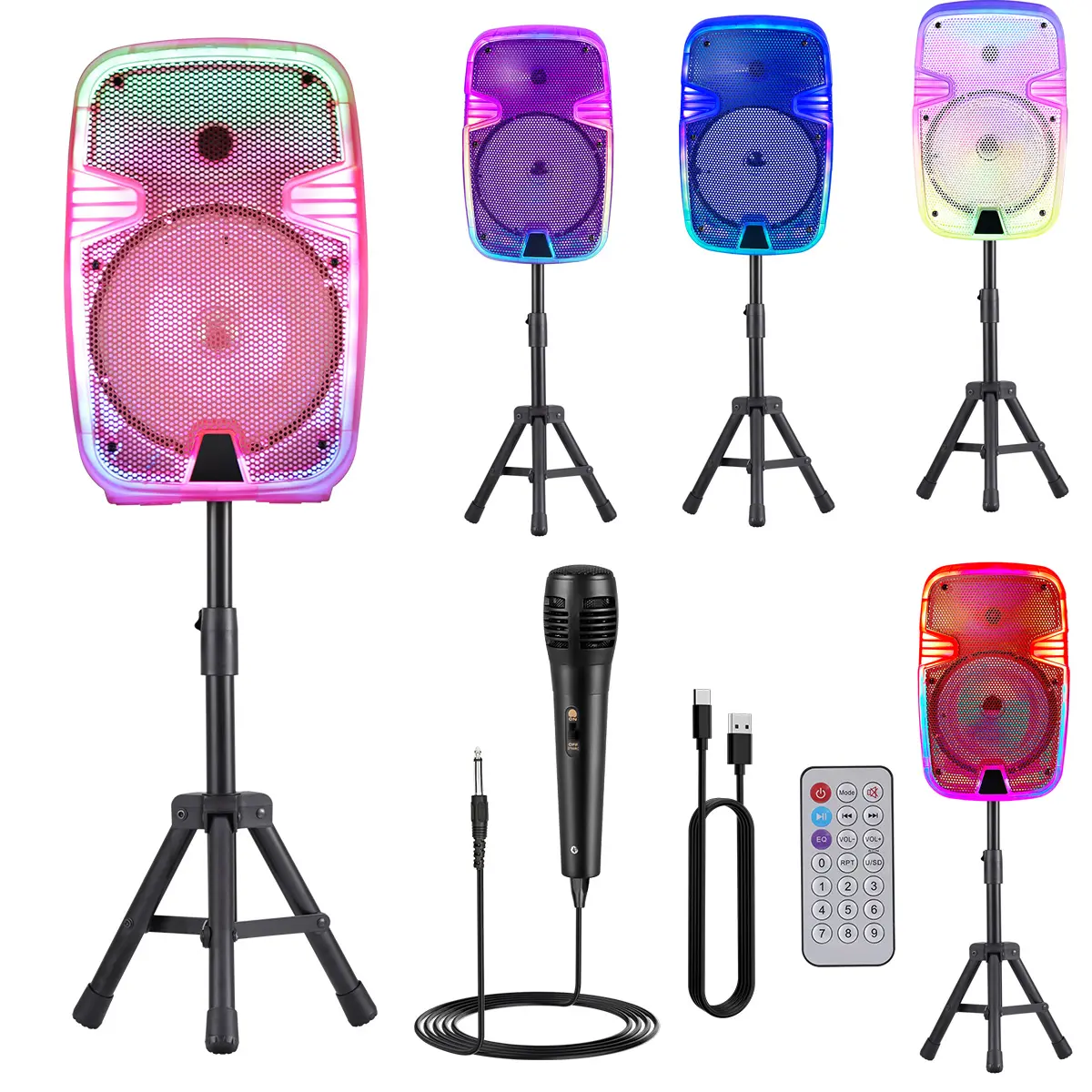 8-Inch Portable Bluetooth PA Speaker with Stand, Translucent Motion Colorful Party Lights, Remote Control, Microphone, Rechargeable Wireless Stereo Audio, Karaoke Support, Wired Cable, Fast Charging, Memory Function, Speaker Bluetooth