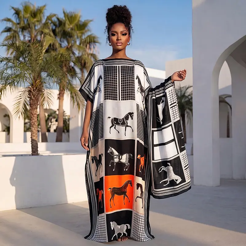 【MOO MOO】Luxury Horse Print Caftan Dress + Matching Scarf Set | Versatile Resort Wear