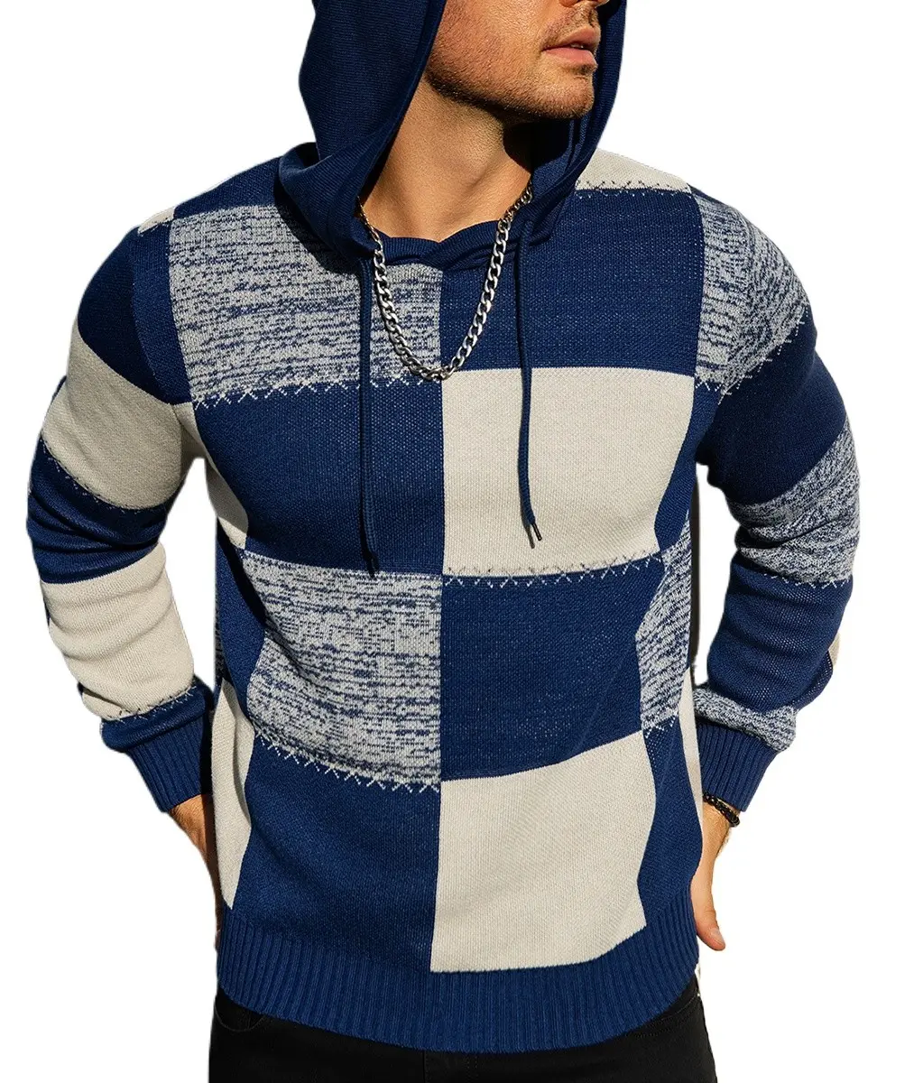 Men's Sweater, Casual Color Block Plaid Hooded Pullover, Stylish Long Sleeve Top in Stretch Polyester Fabric