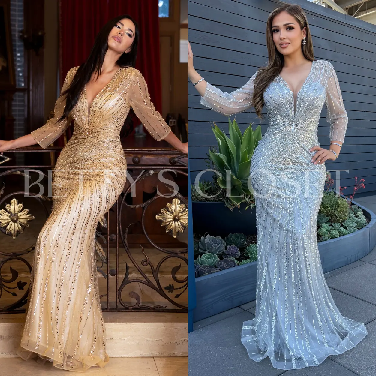Karla Linear Beadwork Formal Gown with Sleeves