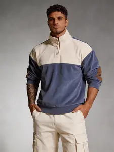 Men's Color Block Corduroy Henley Sweatshirt, Quarter Button Mock Neck Pullover, Vintage Ribbed Knit Sweater for Casual & Outdoor Wear