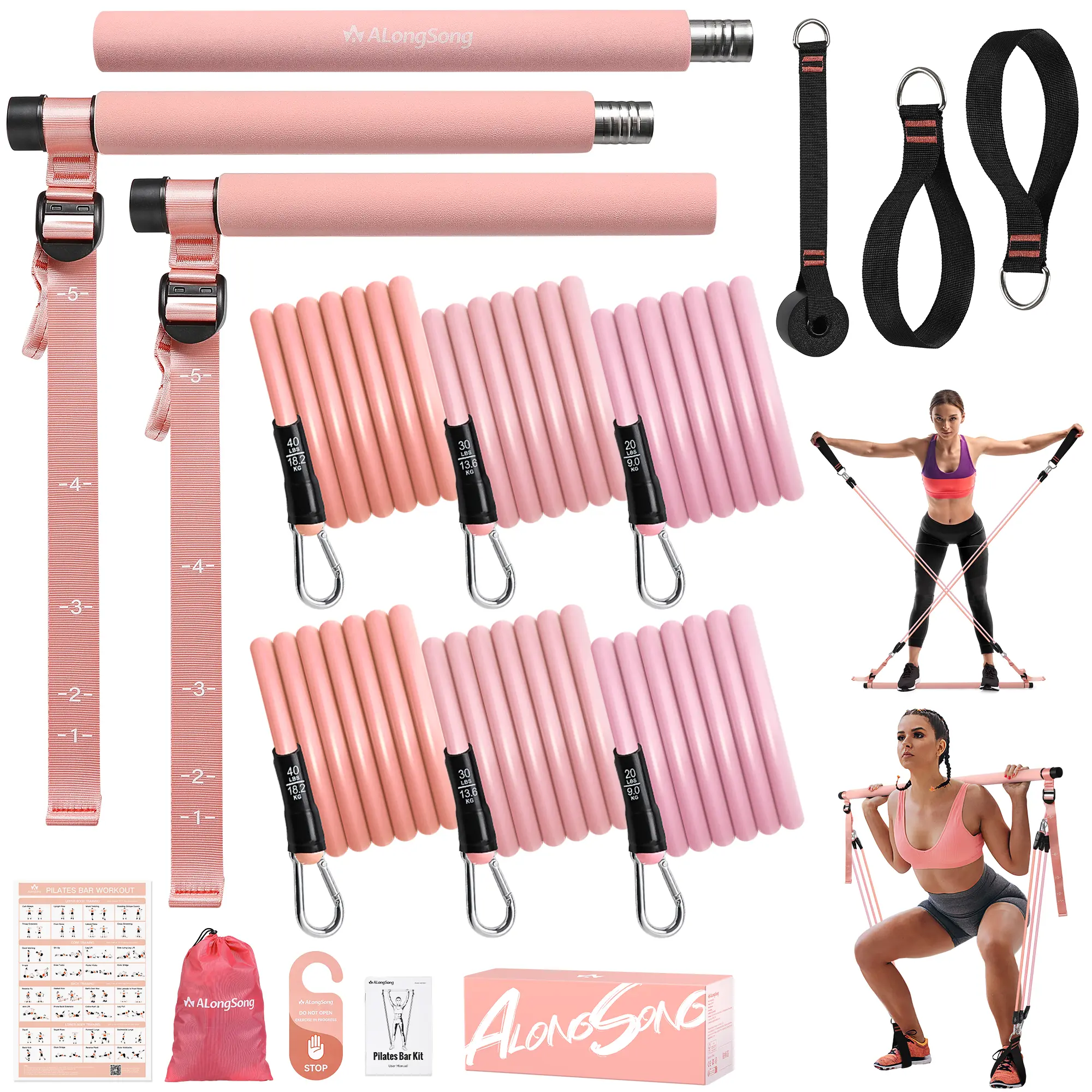 ALongSong Pilates Bar Kit with Resistance Bands & Timer - Portable Workout Equipment, At Home Gym Equipment for Core+Arm+Hip Training, Arm Strength Training, Full Body Fitness for Men & Women (Coral Pink & Blue), Home Workout, Unisex, Anti-Slip Grip Pilat