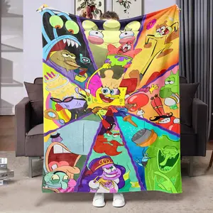 1pc Spongebob Squarepants Flannel Blanket, Soft Warm Cartoon Character Design, Retro Style, Multifunctional Blanket, Perfect for Sofa and Bedroom Use