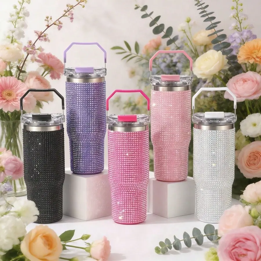 30oz Rhinestone Stylish Glam Stainless Steel Insulated Water Bottle - 2-in-1 Lid, Double Wall Vacuum, Leakproof Silicone Straw Tea Bottle, Portable Car Interior Stowing Accessory, Keeps Drinks Icy Cold 12H, US Local Shipping (Great for Birthdays)