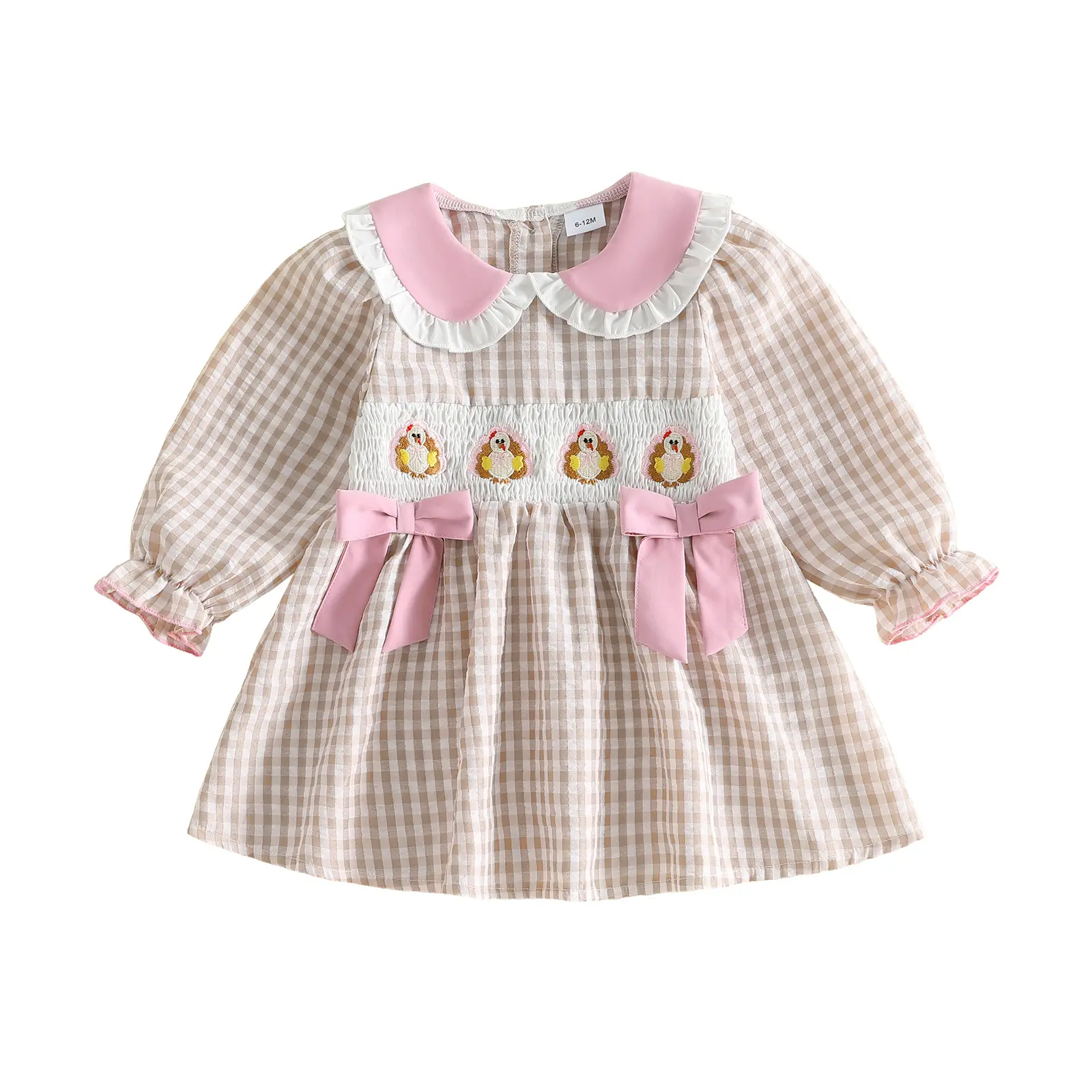 Toddler Baby Little Girl Thanksgiving Dress Long Sleeve Doll Collar Plaid Turkey Dress Fall Winter Clothes 1-5 Years