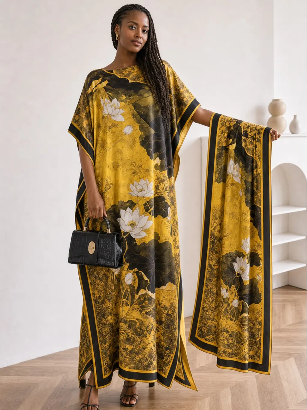 MuuMuu Muse Women's 2-Piece Elegant Yellow Black Lotus Print Loose Caftan Set - Comfortable Casual Lady's Moomoo Dresses, Fit-Drape Dress with Matching Scarf, Vacation Beach Cover Up, Casual Wear