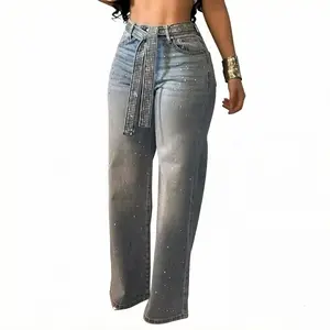 Women's Allover Rhinestone Decor High Waist Zipper Fly Jeans Casual Wide Leg Loose Fit Denim Pants with Rhinestone Decor Belt Blue Bottom