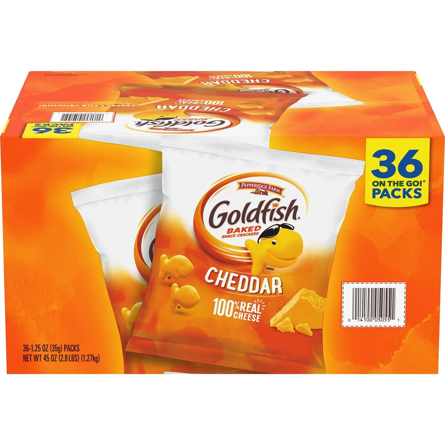 Pepperidge Farm Goldfish Cheddar Crackers Snack Packs, 1.25 oz Bags (Pack of 36) – Baked with Real Cheese, On-the-Go Lunch Snacks
