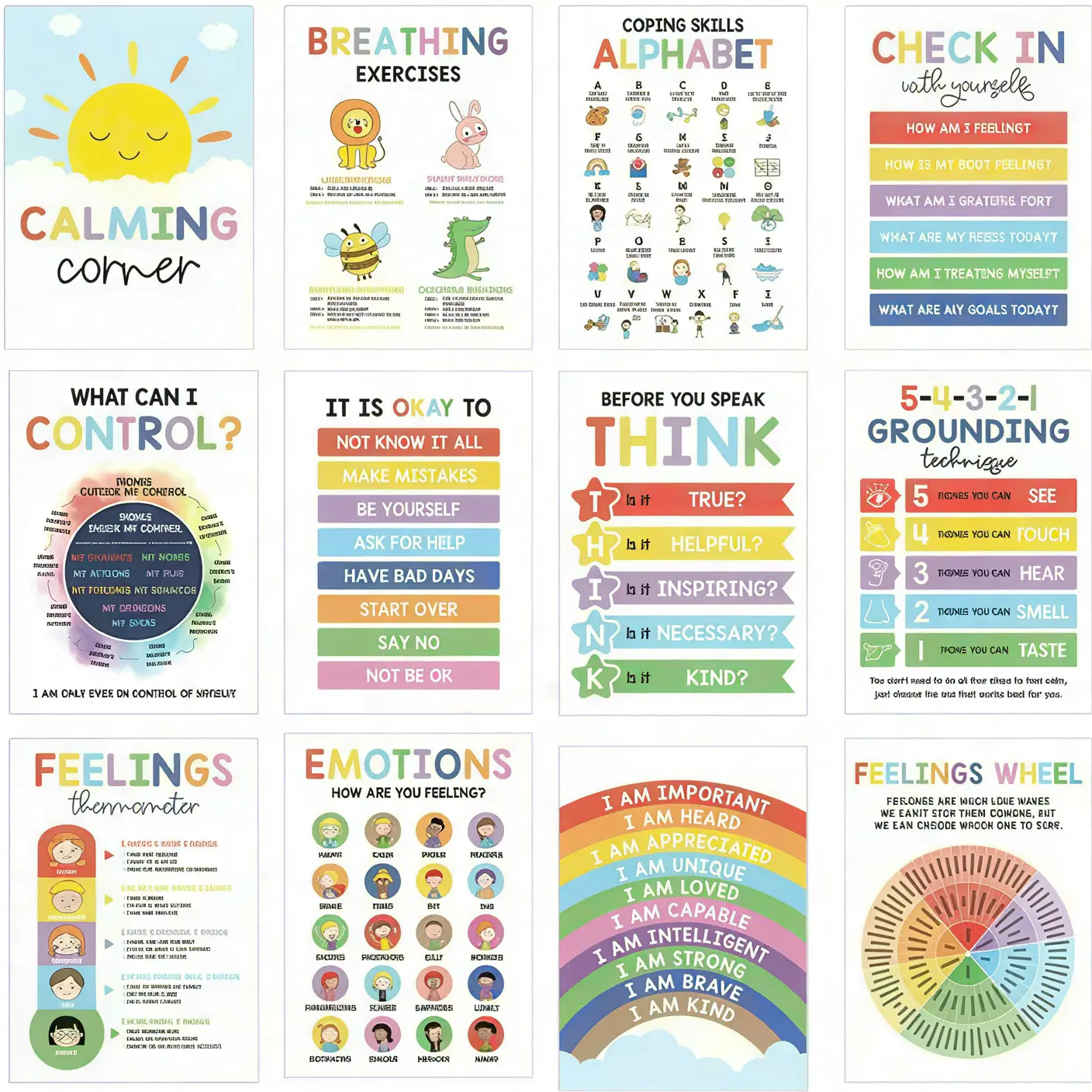 The Calming Corner Posters Every Teacher Needs – 12 Pack 10x14 Laminated Feelings Chart and Breathing Exercises Wall Art, Waterproof Dry Erase SEL Tools for Classroom and Home, Create a Peaceful Space in Minutes