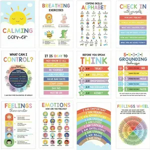 The Calming Corner Posters Every Teacher Needs – 12 Pack 10x14 Laminated Feelings Chart and Breathing Exercises Wall Art, Waterproof Dry Erase SEL Tools for Classroom and Home, Create a Peaceful Space in Minutes