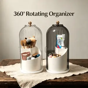 360° Rotating Makeup Organizer with Sealed Flip Top Lid, Clear & Smoky Gray Dual Color ABS Vanity Storage Box, Dustproof Moisture-Resistant Cosmetic Holder with Multi-Compartment Height Partition Design.
