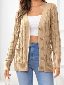 Women's Plain Textured Button Front Pocket Fitted Cardigan, Casual Long Sleeve V Neck Knitwear for Fall & Winter,  Cardigan for Women, Fashion Ladies' Knit Clothing for Daily Wear, Womenswear