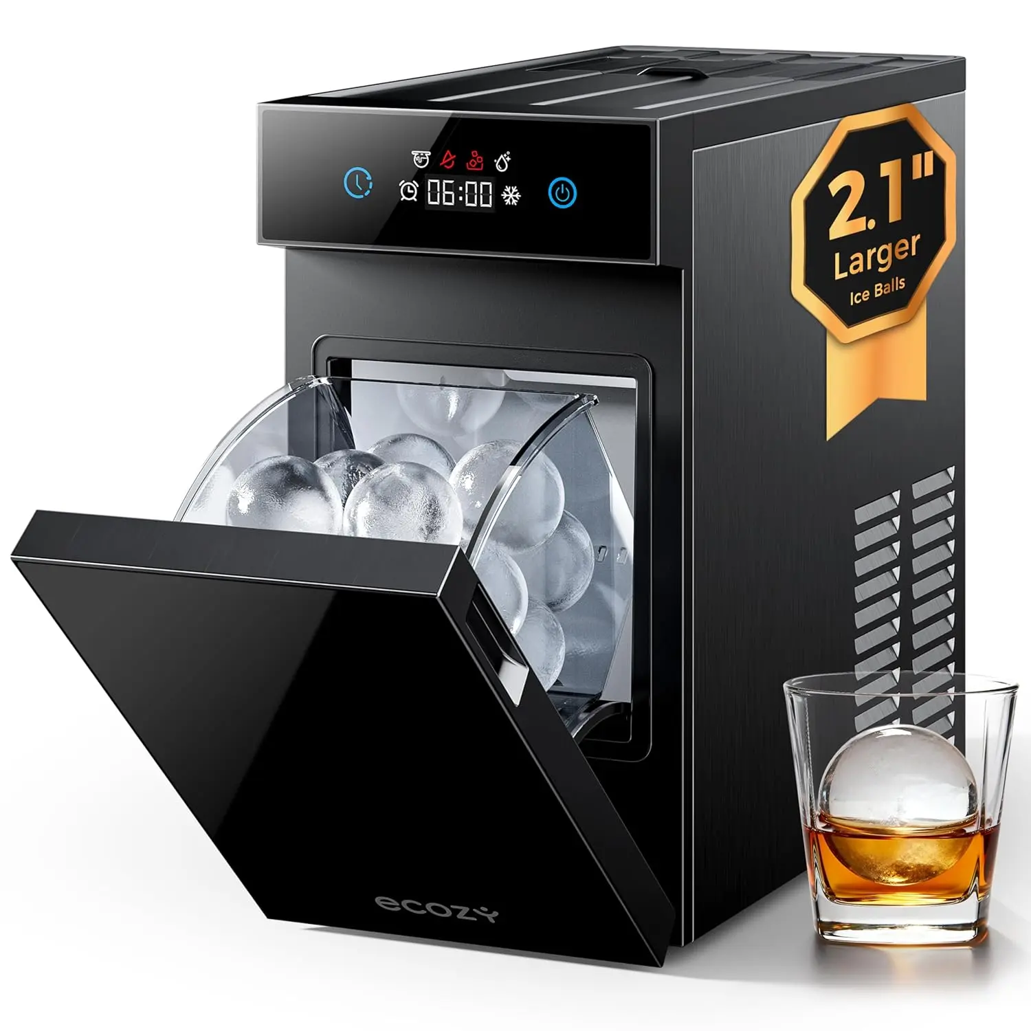 ecozy 2.1 Inch Clear Ice Ball Maker Countertop with CrystalFlux Technology, Minimal Footprint Sphere Ice Maker with 8H Timer, 1 pc in 30 Mins, 48 pcs/Day, Self-Cleaning for Home Bar Whiskey & Bourbon,