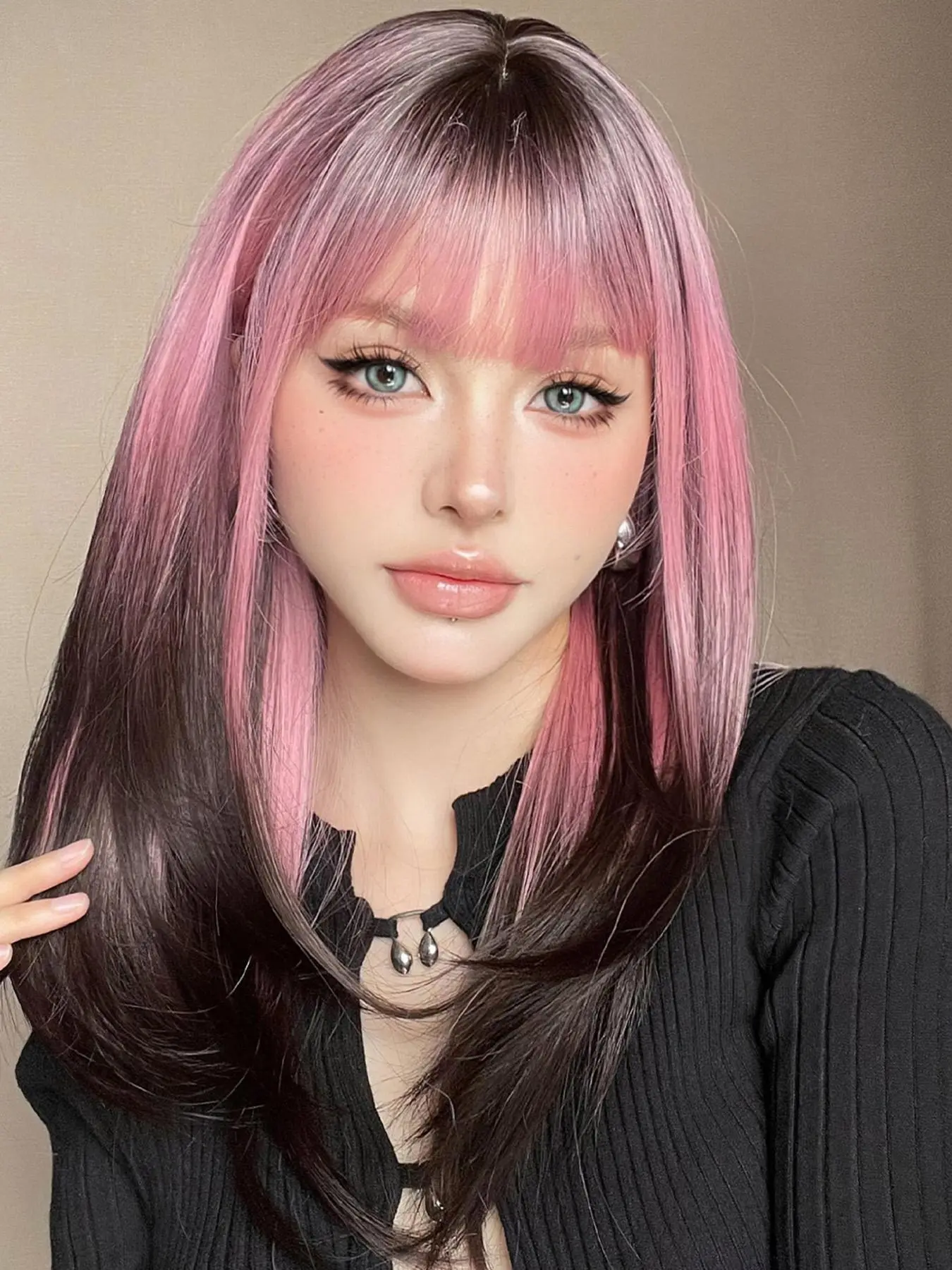 Women's 22inch Ombre Pink Straight Pink Wigs with Air Bangs, Soft Bangs, Straight Synthetic Fiber Wig, Summer Wigs, High Quality Wigs for Daily Or Cosplay Use, Natural Fluffy Hair Wigs for Daily & Party Hairstyle Decoration
