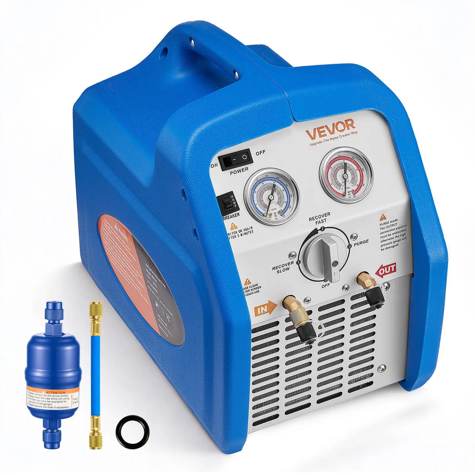 【summerfinds】VEVOR Portable Refrigerant Recovery Machine, 3/4 HP 120V 60Hz Single Cylinder AC Unit with 1750 RPM Power, Liquid-Vapor Refrigerant Recycling, Gauges for Automotive & Household HVAC, Compressor