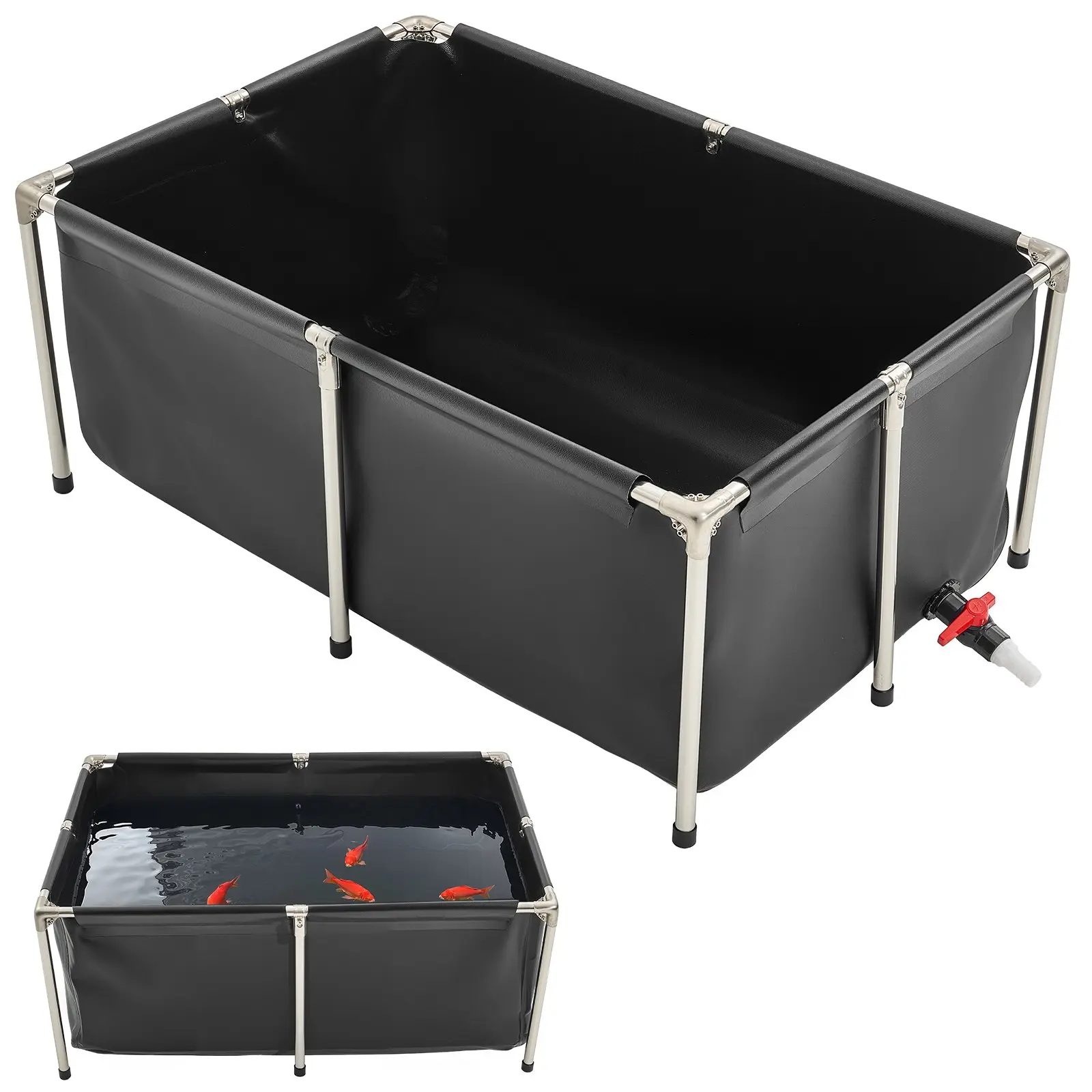 VEVOR Rectangular PVC Coated Canvas Fish Pond, 126.8 Gal Above Ground Foldable Tank with 20.1 lbs Stable Frame, Waterproof Seal, Drain Valve, for Koi Breeding, Aquaculture (Black, Fits Crabs)