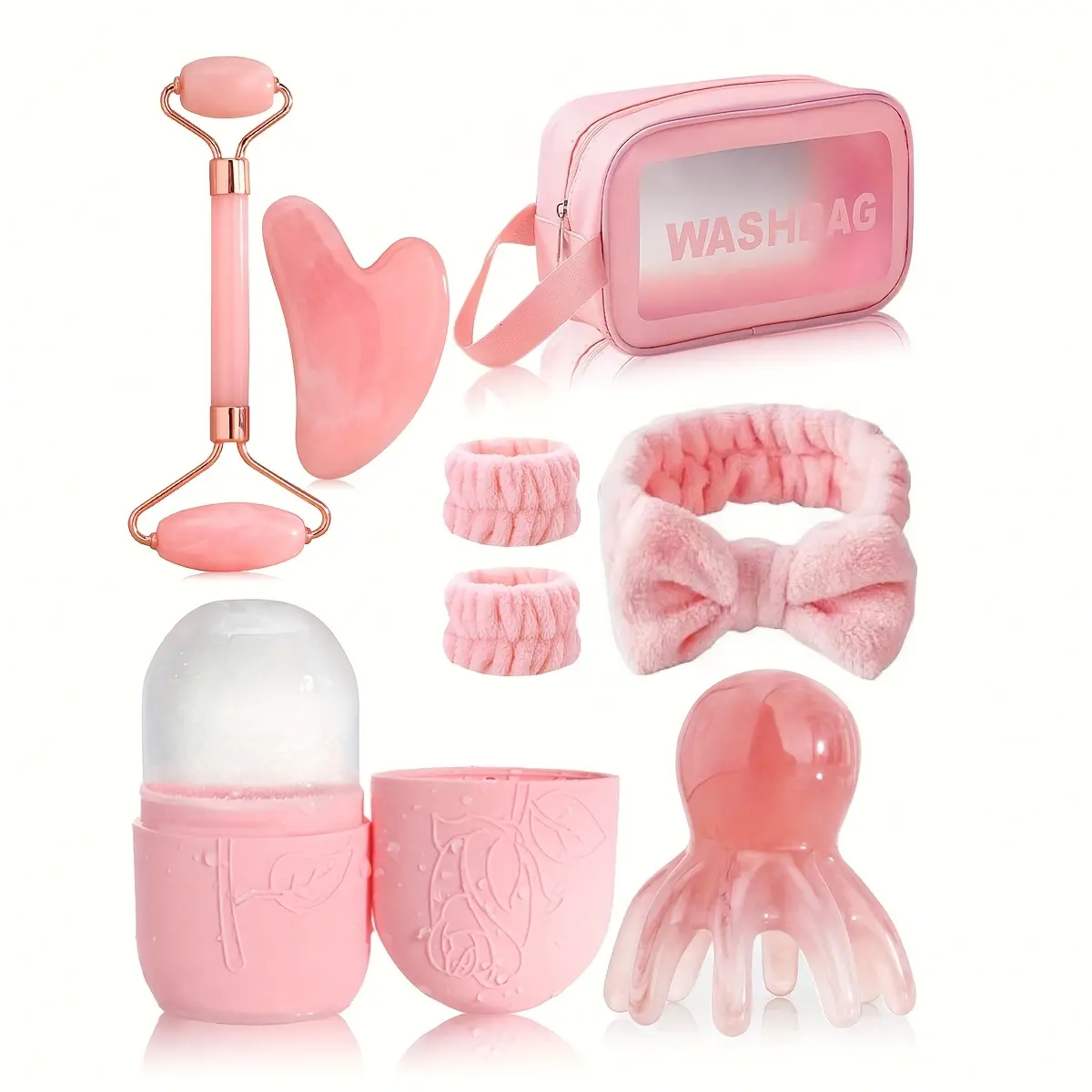 8-Piece Facial Beauty Scraping Massage Tool Set, Spa Gift Set, Facial Care Tools for Home Beauty, Double Chin Reducer, Ice Roller Mold, Hairband, Wristband, Head Massager Comb, Body Acupoint Relaxation Tools, Beauty Massagers