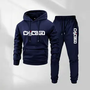 Men’s Chicago Letter Hoodie and Drawstring Sweatpants Set with Pockets, Casual Athletic Long Sleeve Hooded Jacket and Jogger Pants, Fall Winter Activewear, Everyday Wear for Indoor & Outdoor Sports, Tracksuit Set