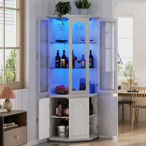 Corner Bar Cabinet LED Lights, Tall Modern Wine Cabinet with Tempered Glass Door & Adjustable Shelves, Home Bar Liquor Storage Cabinet with Glass Rack