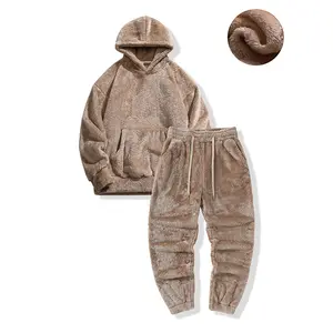Men's Winter Fleece-Lined Thickened Warm Hoodie and Pants Set, Casual Loose All-Match Sweatpants for Men