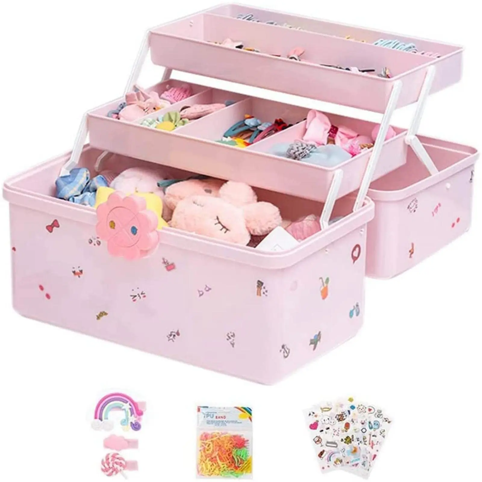 3-Layer Pink Hair Accessories Organizer Box, Portable Plastic Storage Case with Handle for Hair Clips, Bows, Headbands, Hair Ties and Jewelry, Multi-Compartment Holder for Girls Vanity & Travel