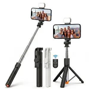 Portable Steel Selfie Stick Tripod, 5.6ft Extendable Pro Content Creator Tool with Adjustable Fill Light, 1-Click Auto-Unfold, Bluetooth 5.0 Remote, Premium Carbon Fiber Texture for iPhone & Android