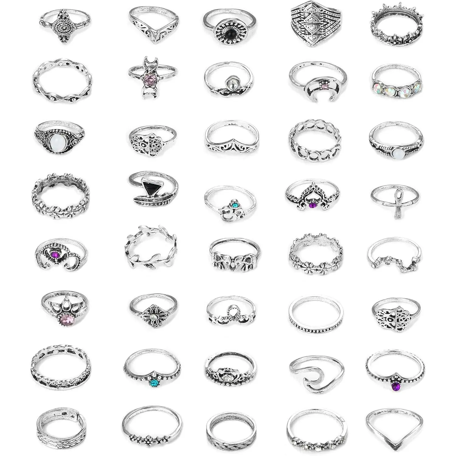 FINREZIO 40 Pcs Silvery Retro Knuckle Rings Set for Women Men Vintage Thumb Rings Trendy Bohemian Stackable Midi Finger Ring Pack Jewelry