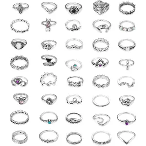 FINREZIO 40 Pcs Silvery Retro Knuckle Rings Set for Women Men Vintage Thumb Rings Trendy Bohemian Stackable Midi Finger Ring Pack Jewelry