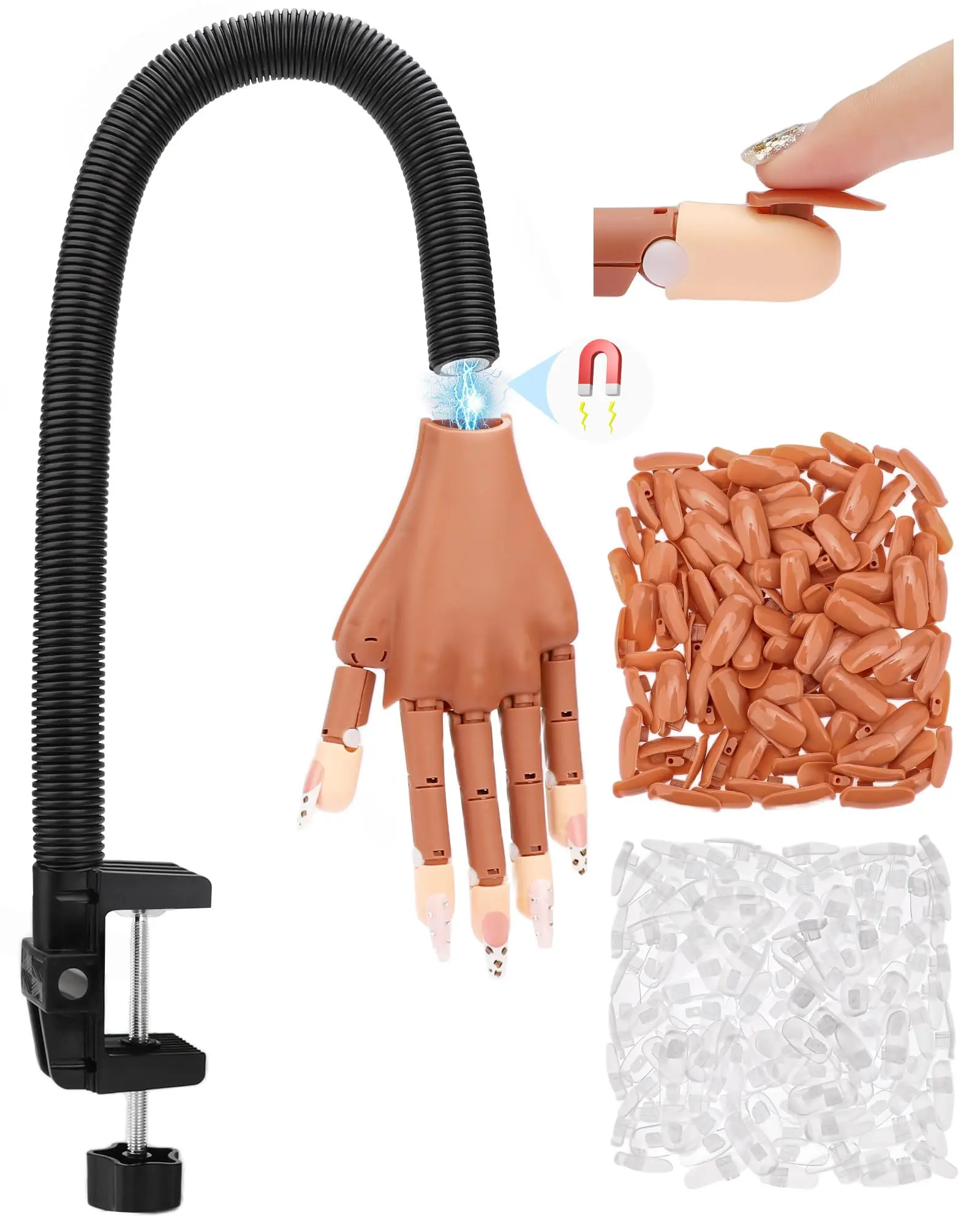 Flexible Nail Practice Hands with Magnetic Feature & 200PCS Nail Tips for Beginners 13.9x6.2x1.9 inch Movable Mannequin Hand for Acrylic Nails Training Youth Friendly