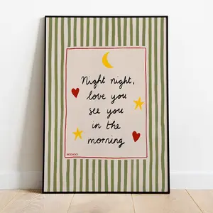 Good Night Stripe Wall Print, Cosy Home Art Quote, Happy Bedroom or Nursery Decor, Sleep Tight Home Sign, Love You Poster