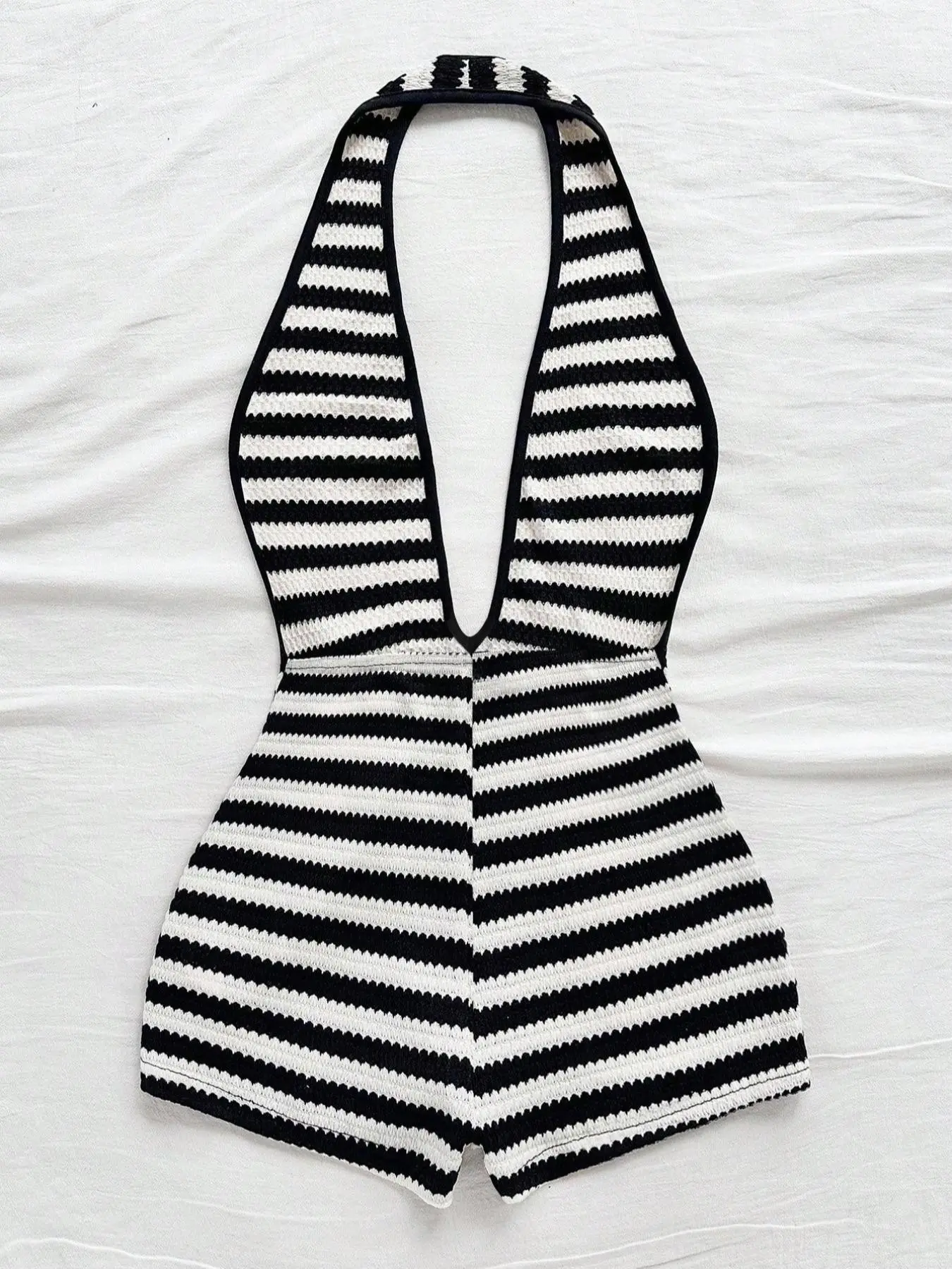 Women's New Fashion Comfortable Versatile Deep V Neck Halter Striped Jumpsuit, Casual Fitted All-Seasons Clothing, Trendy Short Pants Set, Casual Comfy Jumpsuit