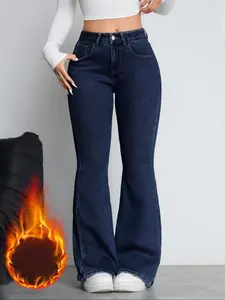 Women's Fleece Lined Thick Denim Flare Pants, Woven Comfortable Winter Fashion Jeans, Elegant Plain Design, All Seasons Wear