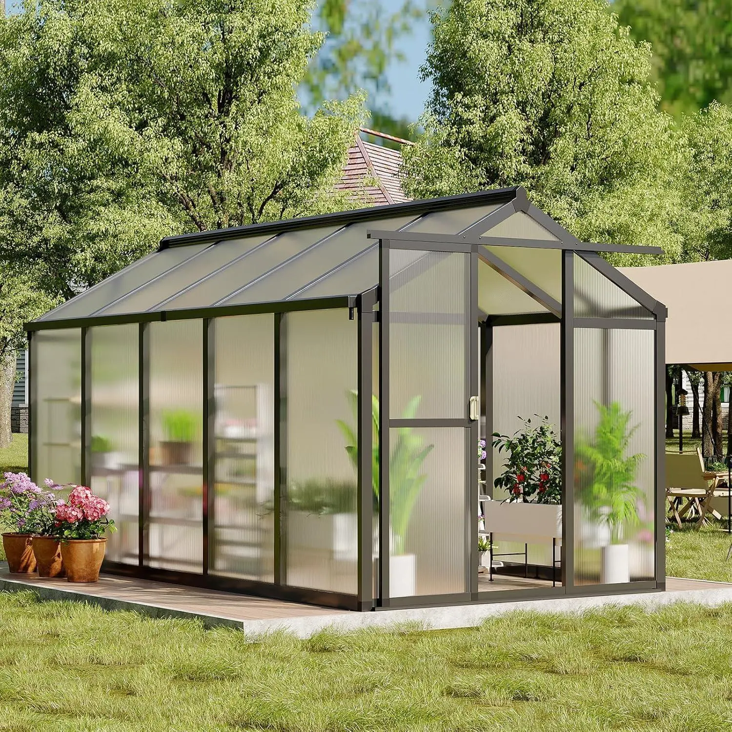 6x10 FT Walk-in Polycarbonate Greenhouse with Aluminum Walk-in Frame, 2 Top-Opening Windows, Swing Lockable Door for Backyard Garden Outdoor Furniture Set, Aluminum Base, Rectangular